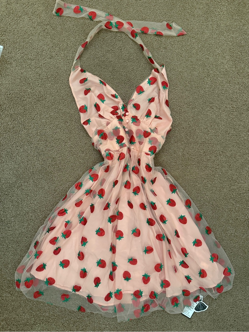 Retro stage Pink Strawberry-Print Halter Midi Dress